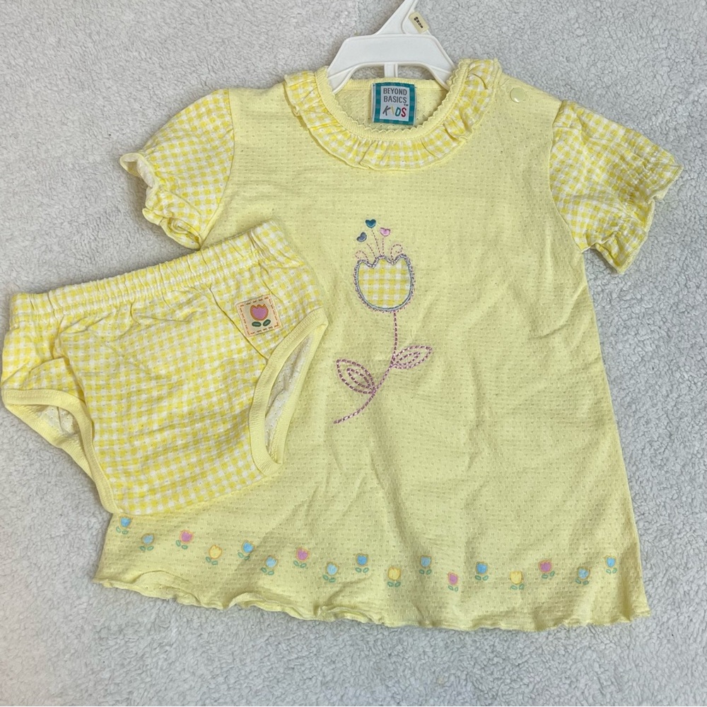 Vintage Yellow Baby Dress Bloomers Set Boutique Embroidered Tulip Bubble 6-9m